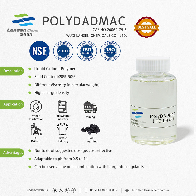 Liquid Type Drinkwaterzuiveringsmiddel Polydadmac Coagulant Breed spectrum Toepasbaarheid Niet-toxisch Milieuvriendelijk Veilig