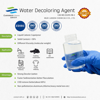 Waterverfmiddel PolyDCD Dicyandiamide Formaldehyde Hars Quaternary Ammonium Cationic Copolymer Uitstekende efficiëntie bij het verkleuren,flocculeren en verwijderen van COD